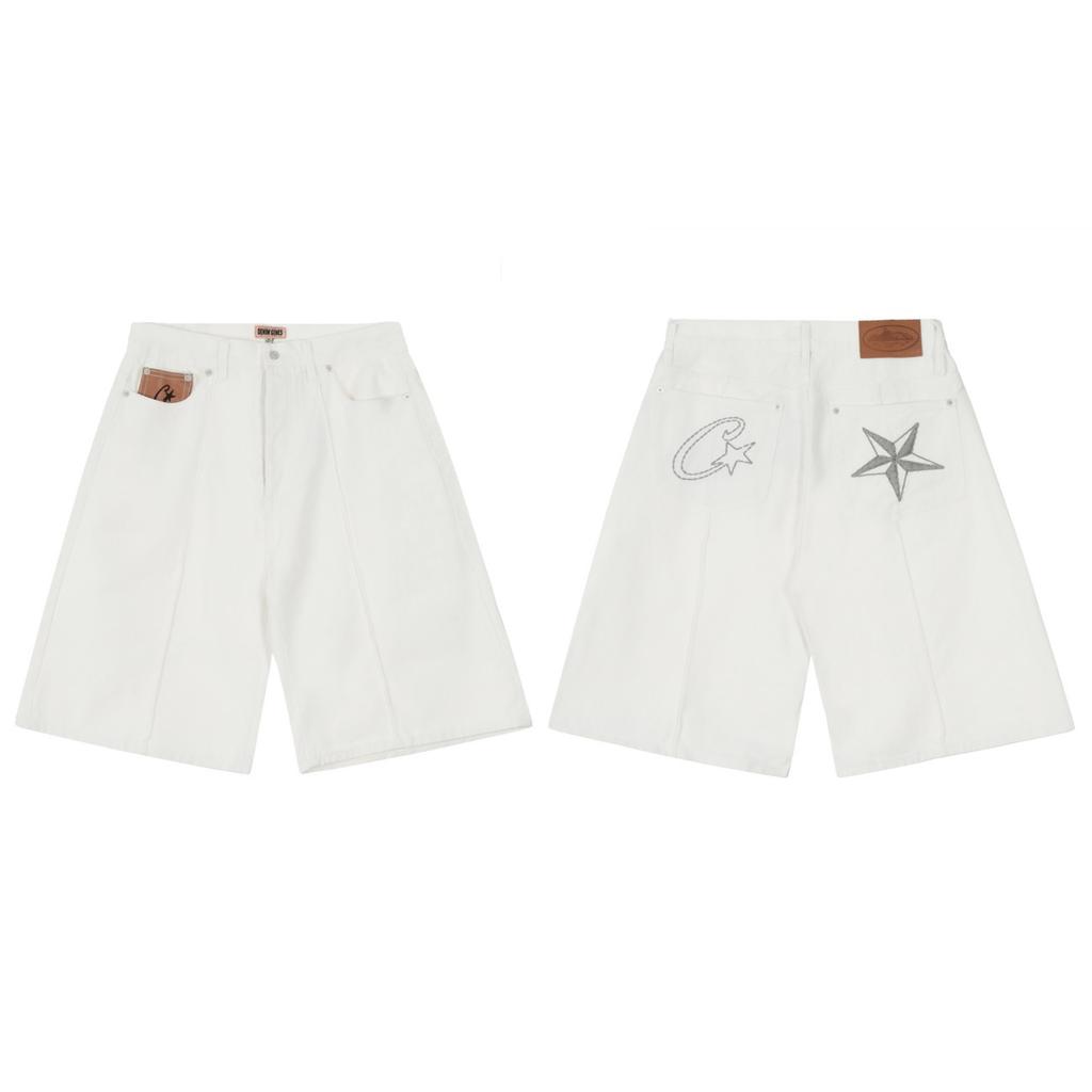European and American Corteiz Alcatraz Star Embroidered Jeans, summer for men and women, high street washed distressed five-quarter pants trendy