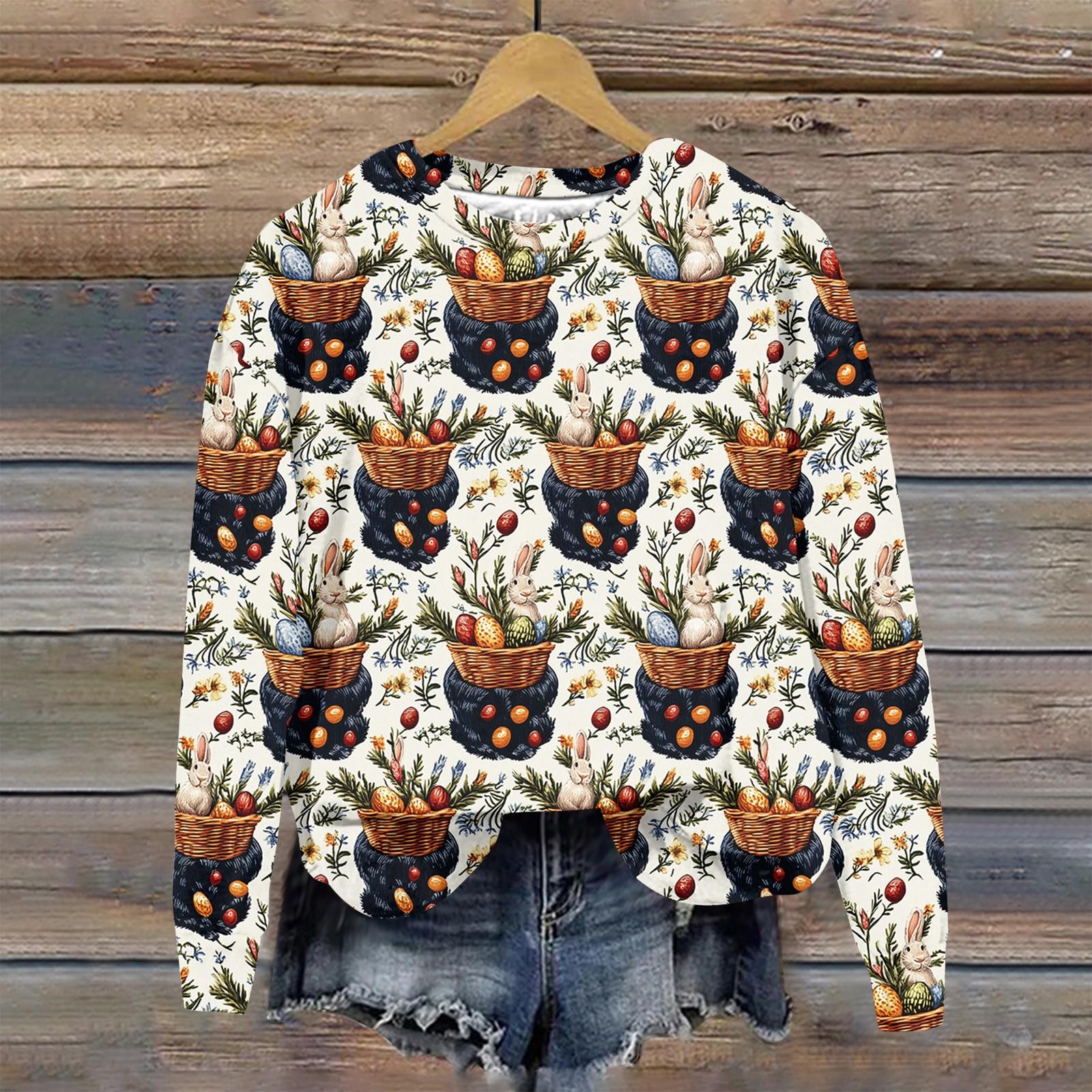 

Женская мода Пасха Печатный Длинный рукав Свободный круглый вырез Толстовка Топ XXXL коричневый