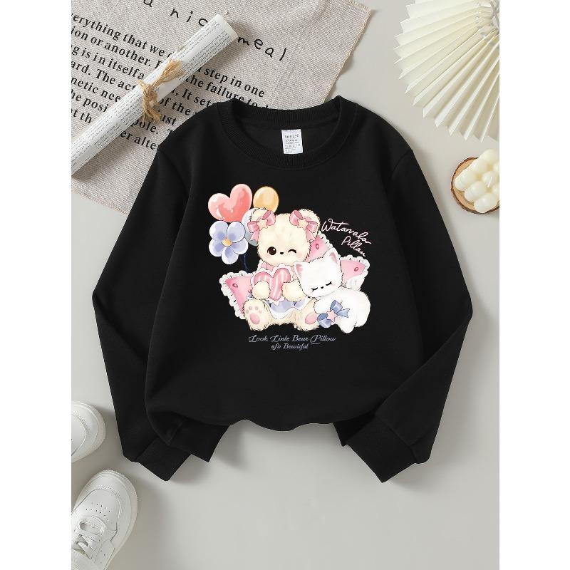 Kids Crewneck Sweatshirt, Cute Bear & Cat Pillow Creative Print,Daily Casual Top for Spring & Autumn