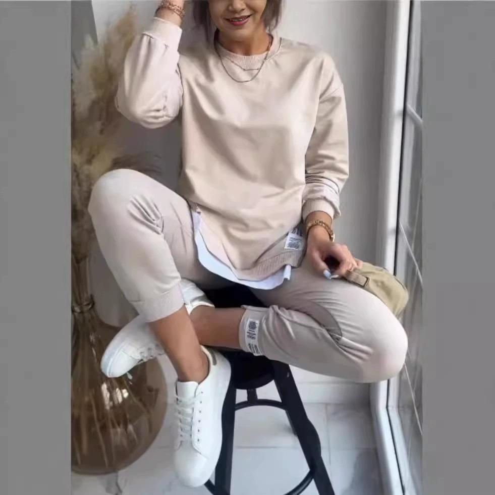 Herbst Patchwork Locker Zweiteiliges Set Damenmode Langarm Pullover Anzug Lässiger Hoodie Sport Bleistifthose Outfits