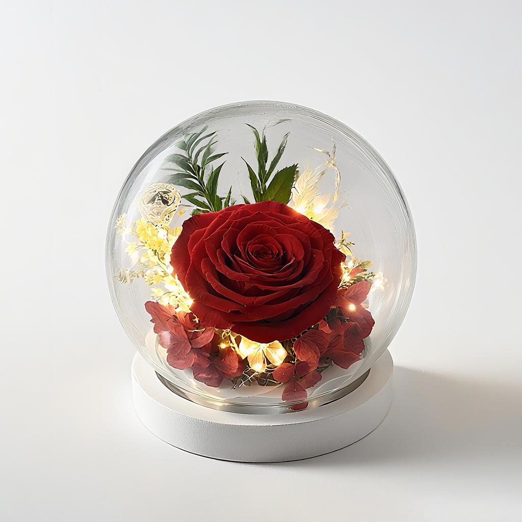 Eternal Flower Spherical Glass Cover Rose Dried Flower with Lamp Base Yunnan Commemorative Real Flower Simulation Art Floral Art