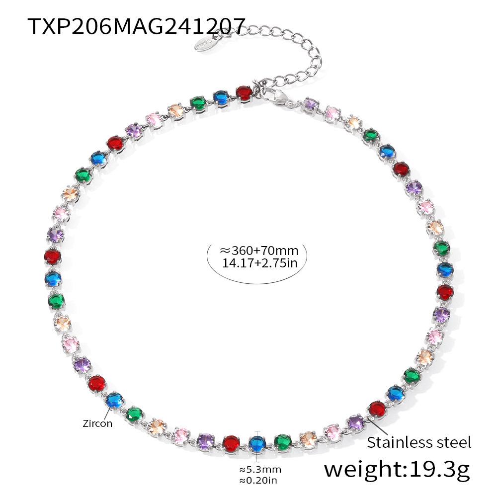 Mili Ins 18K Gold PVD-Plated Stainless Steel Set: Handmade Claw-Set 5mm Colored Zircon Bracelet & Necklace, Super Shiny.