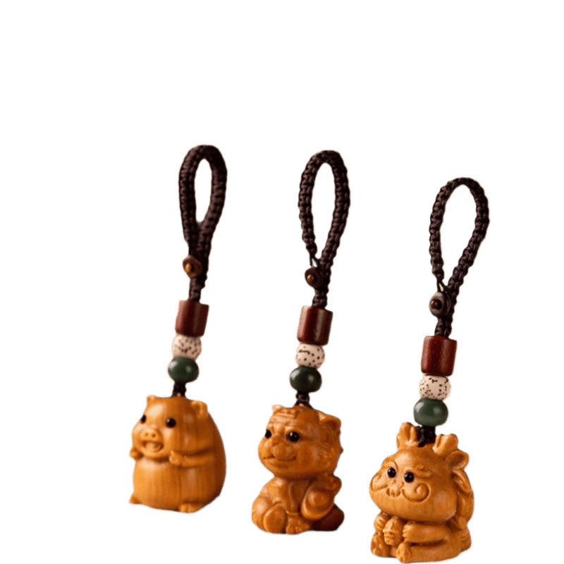 Sandalwood Zodiac Keychain: Rat, Ox, Tiger, Rabbit, Snake, Horse, Sheep, Monkey, Rooster, Dog, Pig, Dragon Car Pendant