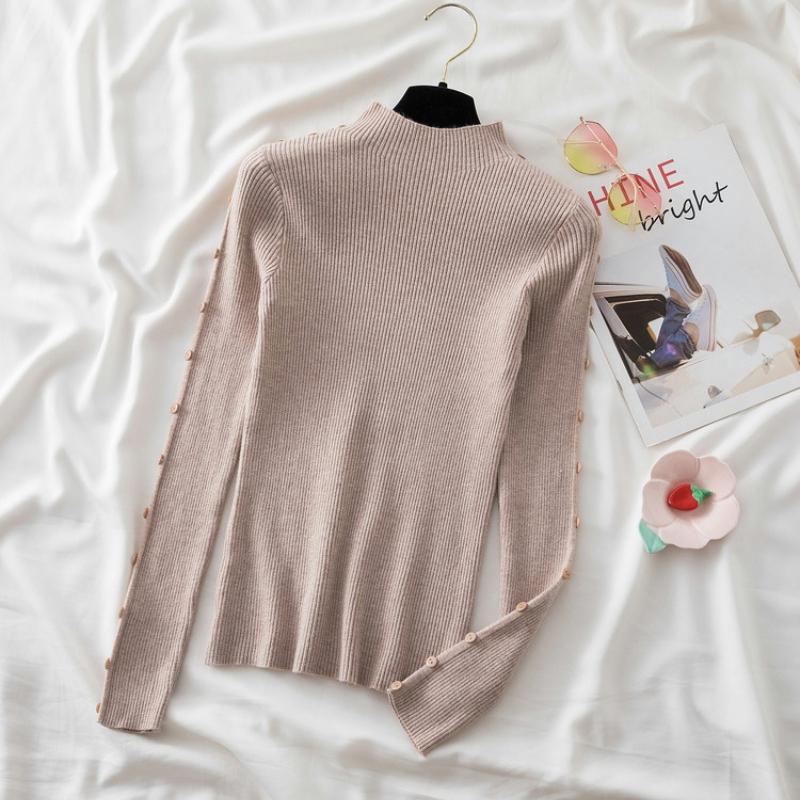 

Осень-зима повседневный тонкий теплый базовый женский вязаный свитер с полувысоким воротником на пуговицах свитер женский модный тонкий джемпер с длинным рукавом 25481 One Size