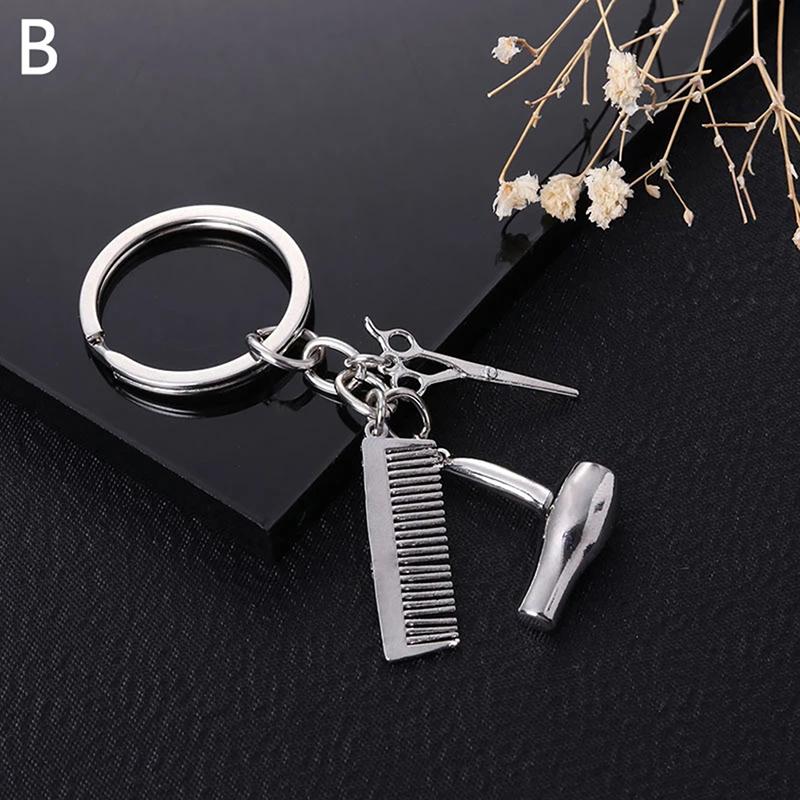 Barber Shop Tools Key Ring Hair Dryer Scissors Comb Pendants Simulation Keychain