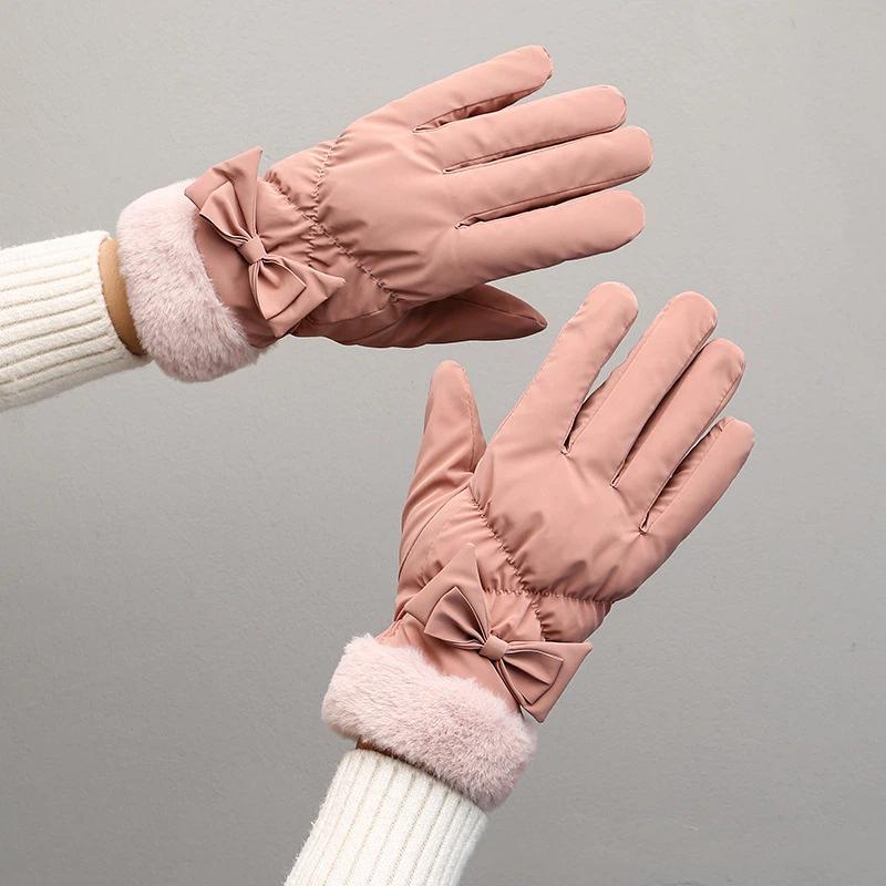 Ski Gloves Women Winter Fleece Thickened Warm Plush Cotton Waterproof Touch-Screen Gloves For Outdoor Riding Mountaineering
