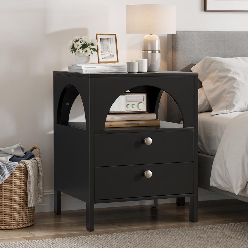 Modern Nightstand with 2 Drawers and 1 open compartment, suitable for living room, bedroom and hallway, black,45 x 40 x 58 cm,1 piece