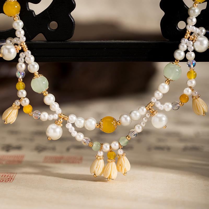 Retro Ethnic Style Necklace Chinese Style Beaded Flower Choker Natural Stone Prayer Necklaces Women Cheongsam Necklace Jewelry