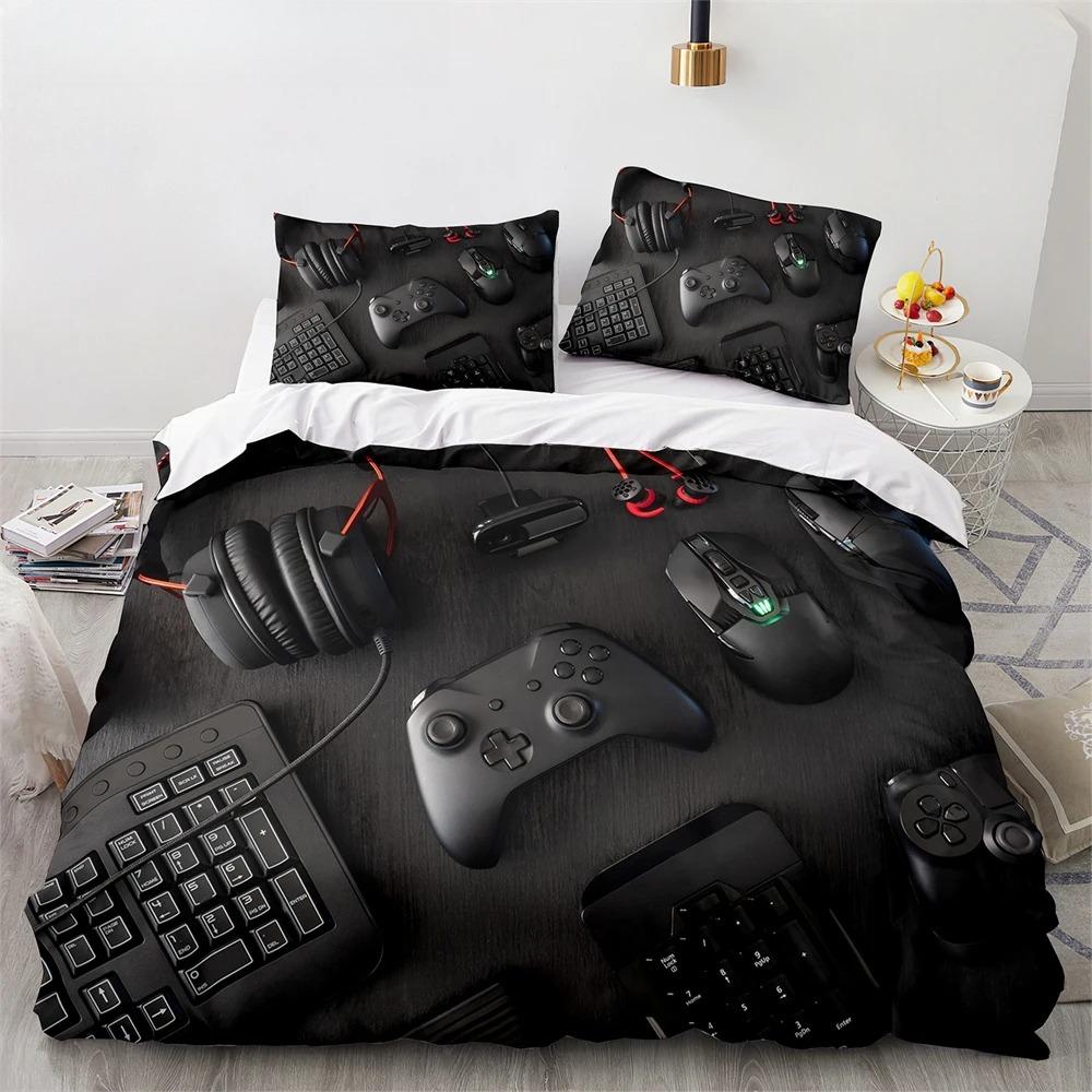 Game King Queen Duvet Cover 3D Black Game Handle Bedding Set for Kids Teens Boys Man Gamer Bedroom Decor Quilt Cover Pillowcase
