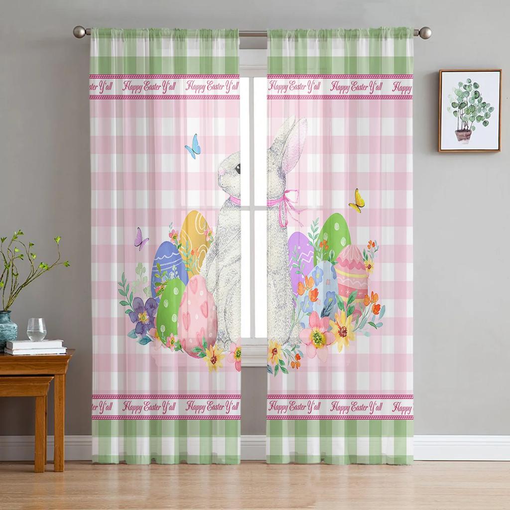 Light Filtering Easter Retro Farm Style Bunny Curtains Bedroom Living Room Festival Decor Cute Rabbit Kitchen Window Tulle Curtain Polyester Washable