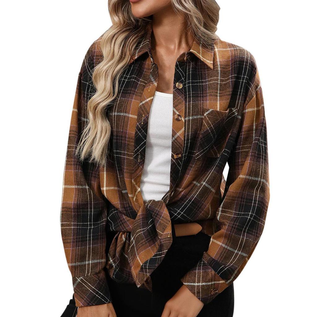 Women's 2025 Autumn Retro Plaid Long Sleeve Shirt – Versatile, Elegant Hong Kong Style Outerwear