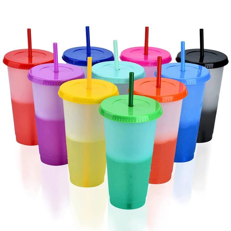 10PCS 710ml Plastic Straw Cup Cold-Sensitive Single Layer Mug Reble Tumbler with Straw Changes Color When Cooled