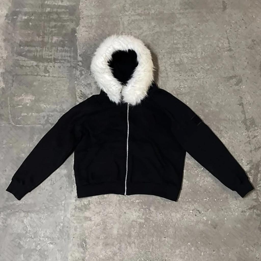 Schwarze Zip-Up Patchwork-Design Pelz Damen Herren Hoodies Mode Warm Koreanischer Stil Sweatshirts Y2k Langärmlig Unisex