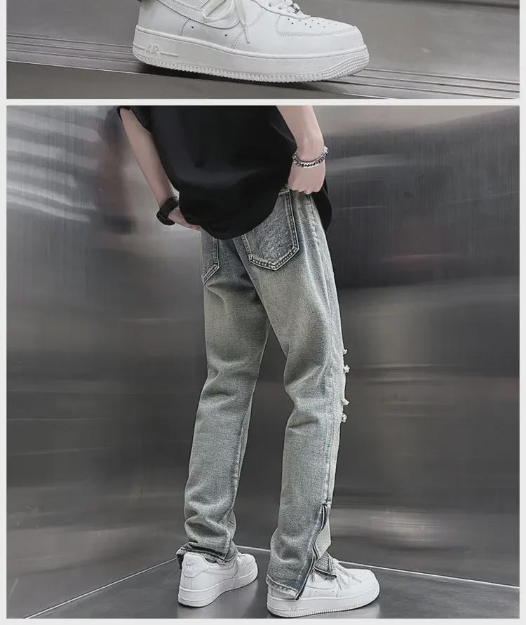 Jeansi largi drepți cu crăpătură și fermoar pentru bărbați de primăvară/vară - Pantaloni coreeni la modă cu picior lat