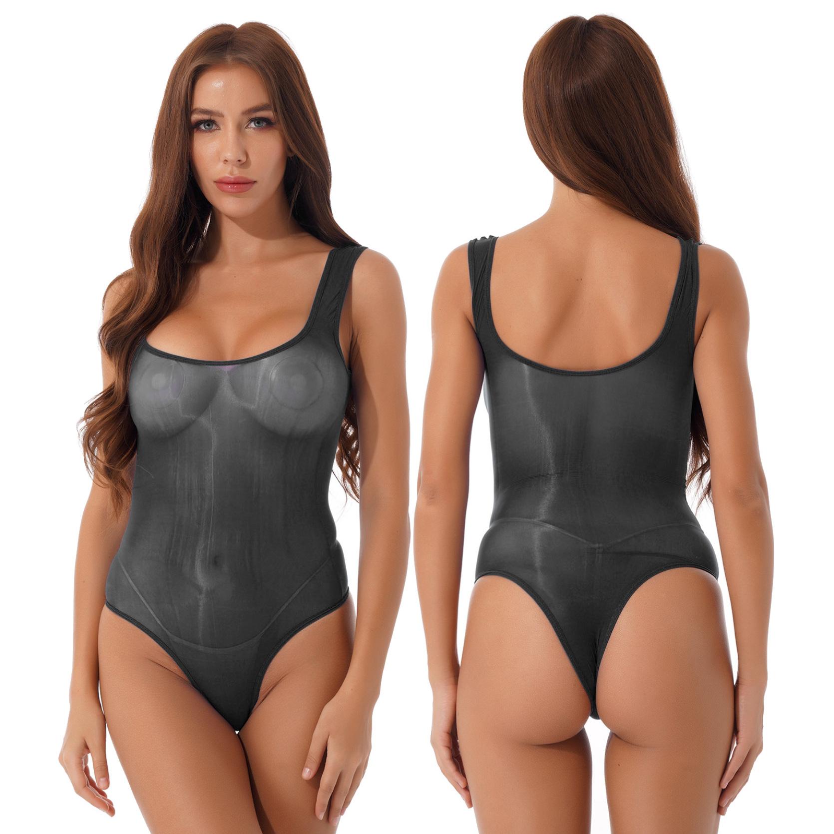 

Женский глянцевый сетчатый комбинезон без рукавов, боди, топ, купальник чёрный