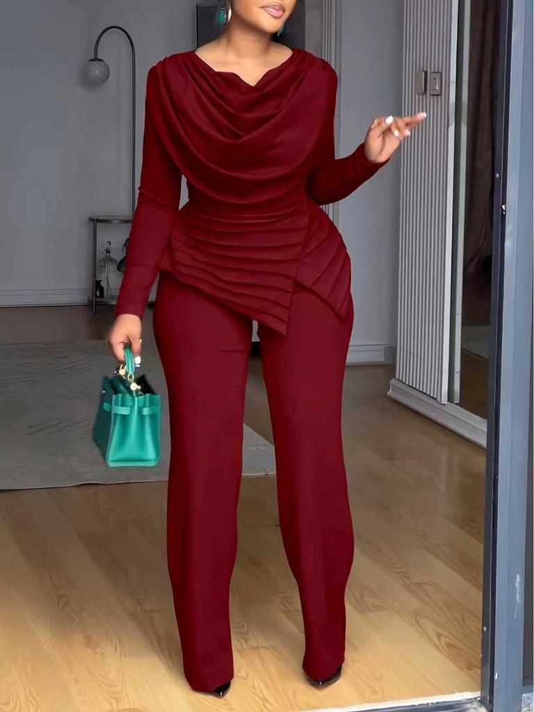 Spring Bestseller Women's Fashion Pleated Waist Long Sleeve Jumpsuit Set