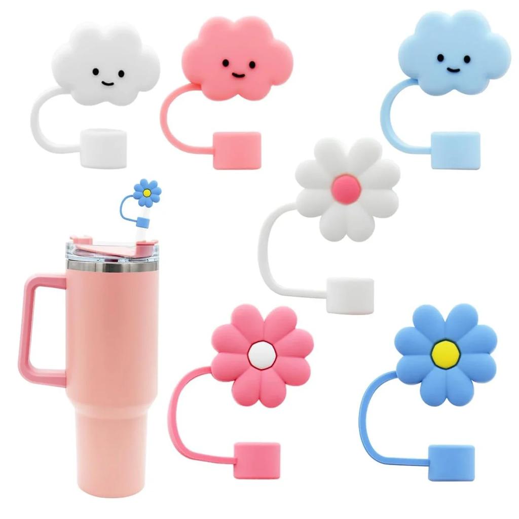 6PCS Straw Cover Cap For Stanley Cup Accessories Cute Flower Straw Toppers For Tumblers 10mm Silicone Straw Covers