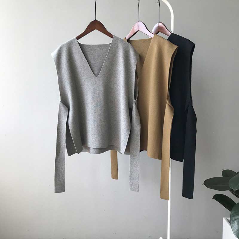 Split Hem Waist Coat with Belt Women's Autumn and Winter V-neck Knitted Vests Outer Wear Korean Version Loose Vest Women's Sleeveless Top