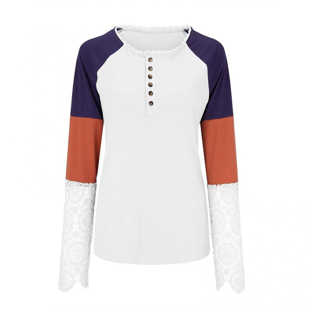 Women's Fashion  And Winter Round Collar Color Print Lace Long-sleeved Top