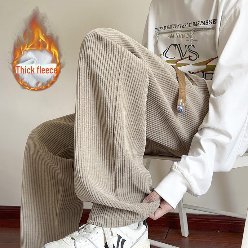 Khaki Velvet-Lined Corduroy Sweatpants for Boys - Oversized Wide-Leg Winter Trousers, American Style