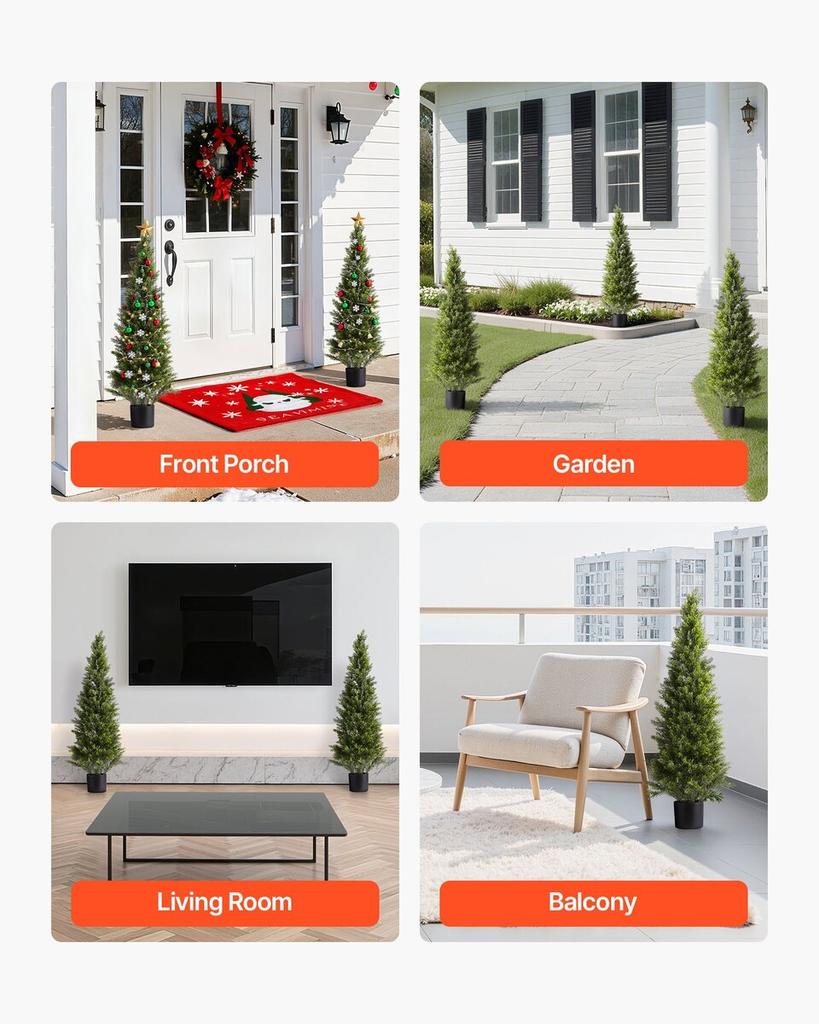Artificial Topiary Cedar Trees, 2 Set 1219mm Faux Pine Shrubs Plants, Fake Silk Tree Look Real, Easy Assembly for Decor Front Porch Outdoor Patio