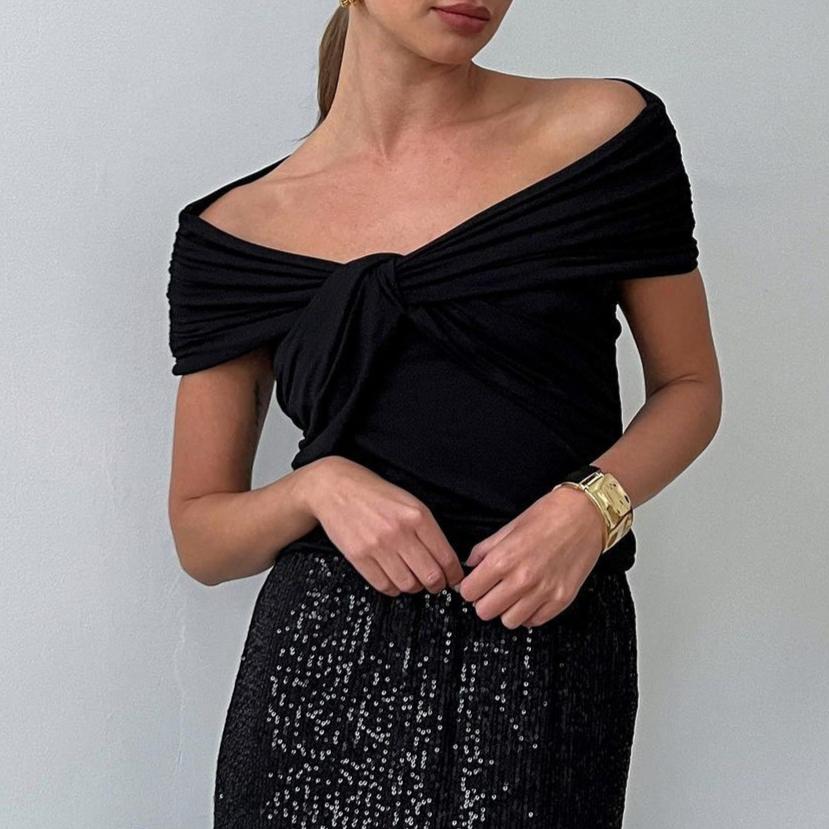 

GMXIA Футболка на одно плечо Летний уличный тренд Горячая Европа и США и США Топ с рюшами Футболка без бретелек с короткими рукавами L чёрный