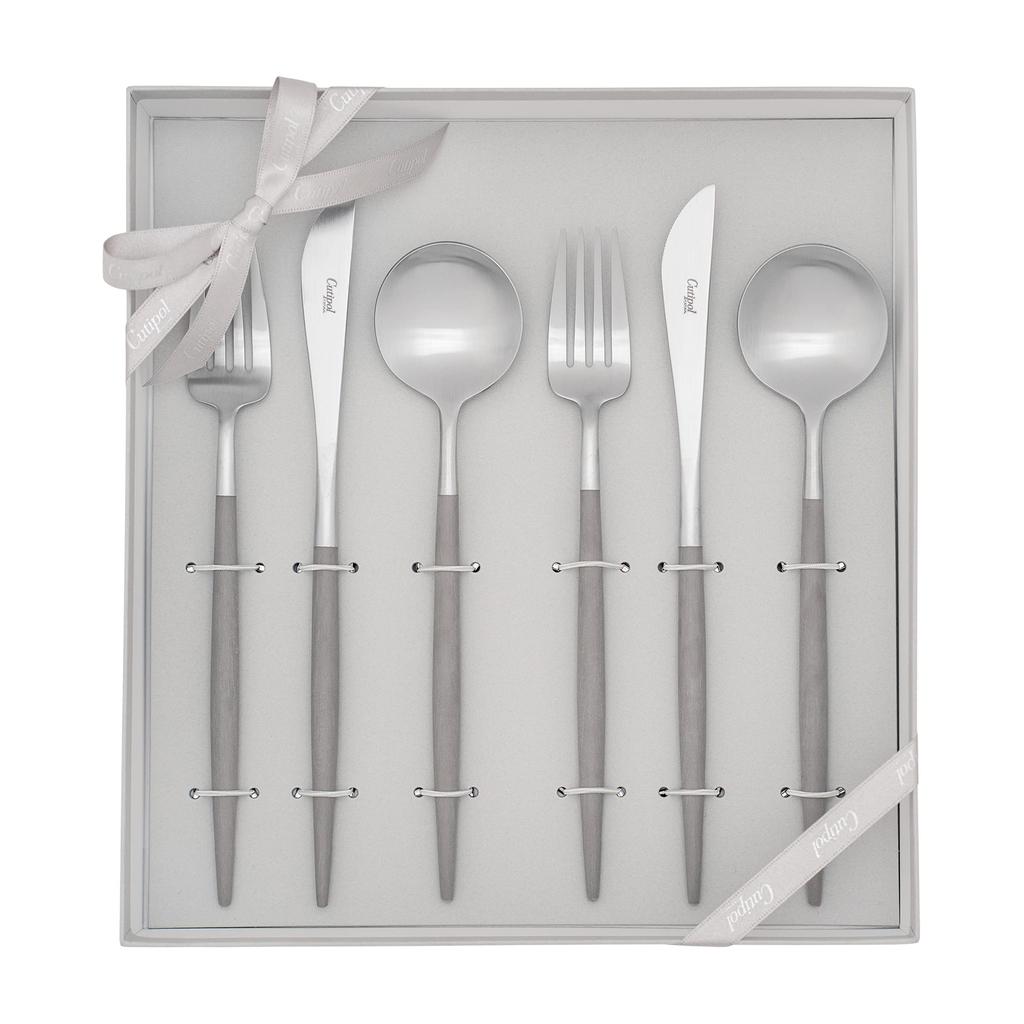 Genuine Cutipol GOA Warm Silver Dinnerware Gift Set In White Presentation Box with Genuine Ribbon 2 2 Gray/Matte 6-piece (2 Knives, Forks, Spoons)