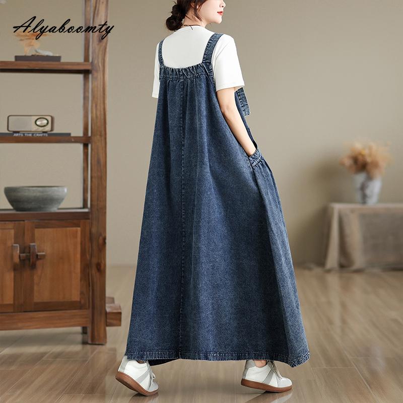 Rochie de vară toamnă din denim pentru femei, mărime mare, cu bretele spaghetti, albastră, supradimensionată, fără mâneci, casual, simplă, rochie pentru damă plus size cu buzunare