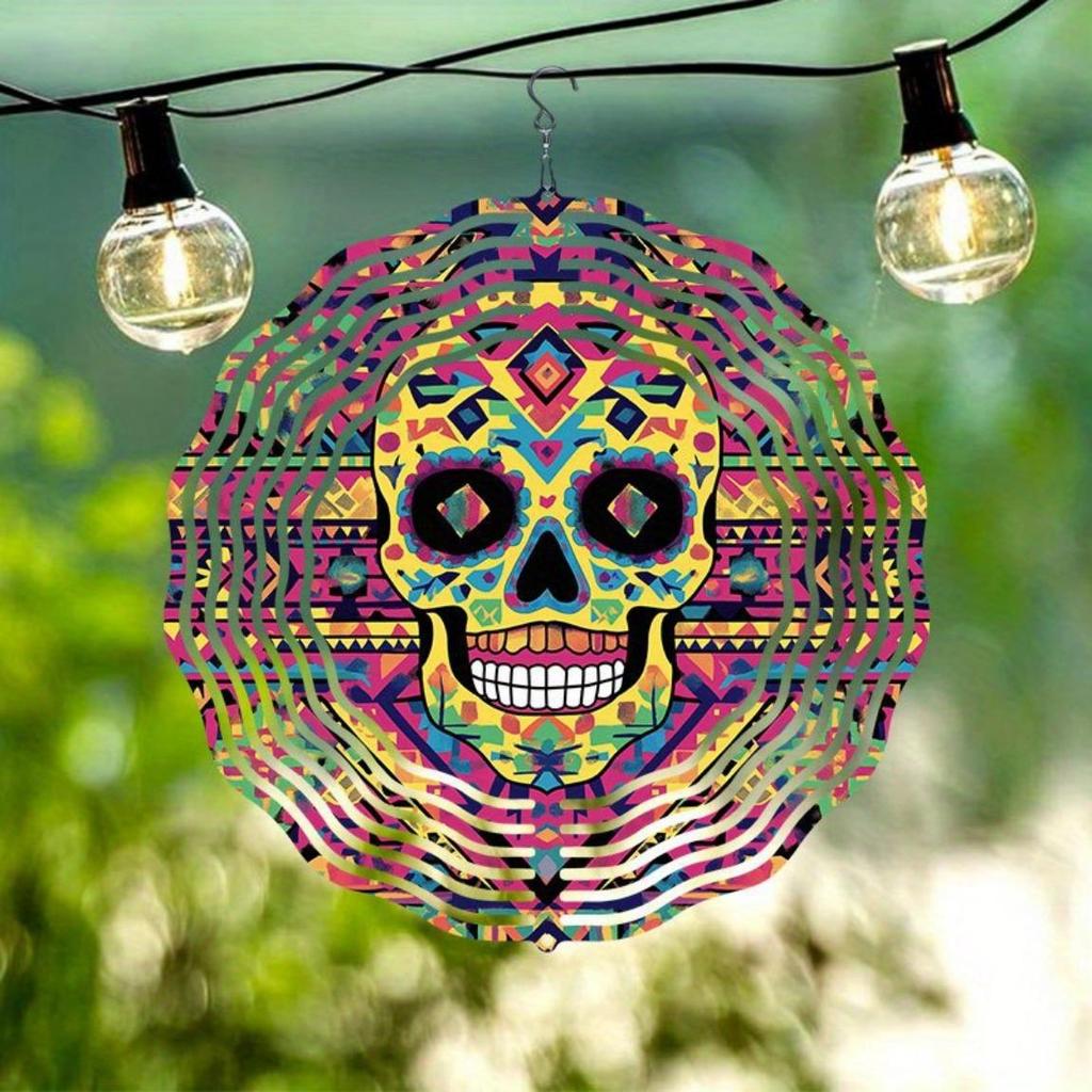 Colorful Skull Wind Chime – 360° Rotating Metal Outdoor Hanging Decor, Weather-Resistant Garden Art for Patio, Balcony & Courtyard – No Electricity
