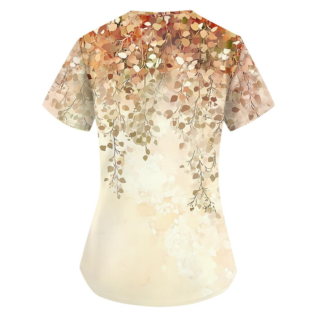 Women's Fashion V-neck Short Sleeve Workwear With Pockets Printed Tops