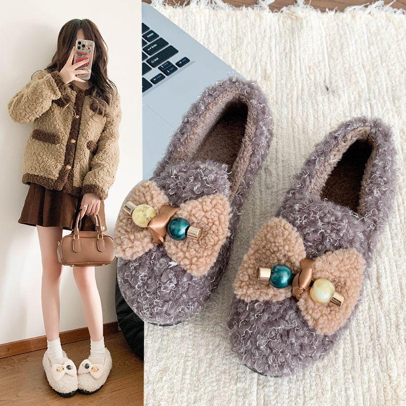 2025 winter new fashion one-pedal velvet versatile bow fluffy shoes popular soft sole comfortable Doudou shoes women