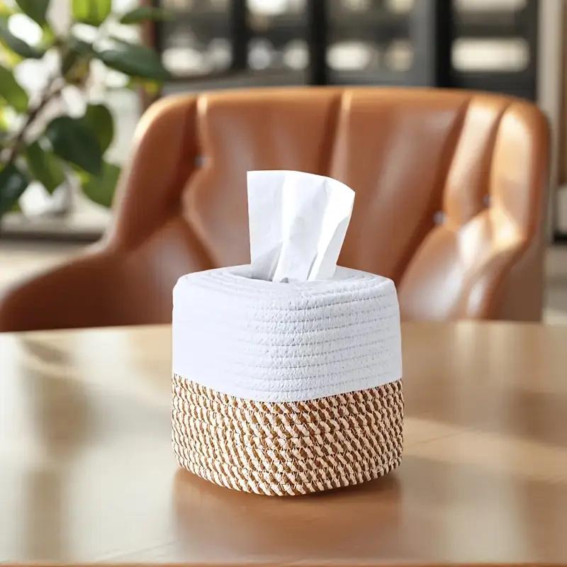 1pc Cotton Thread Tissue Box Square Desktop Napkin Decorative Box Multi-functional Hand-woven Storage Basket Tissue Storage Box