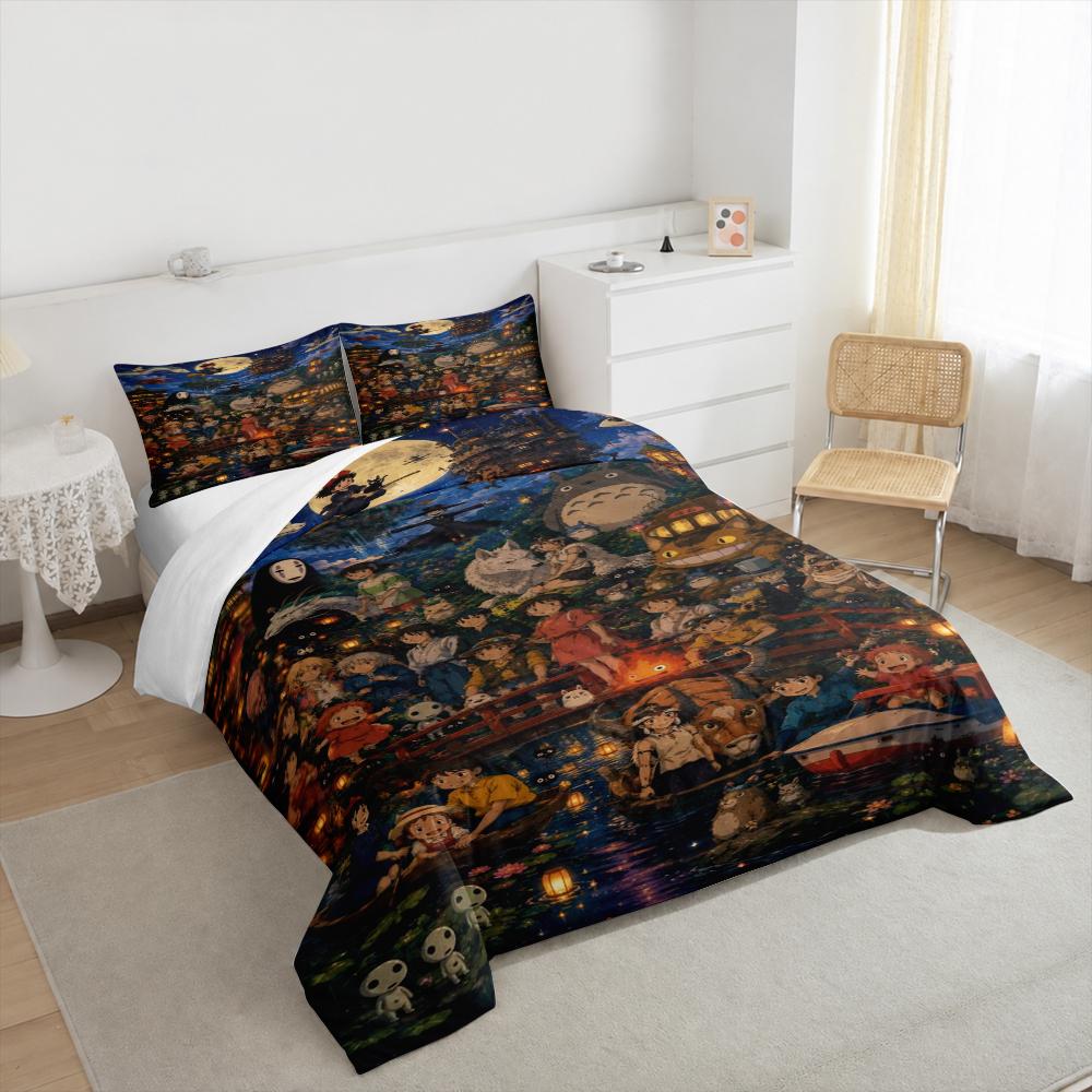 3 Piece Bedding Set with Duvet Cover and 2 Pillowcases - Studio Ghibli Night Festival Collage Print - Moon Lantern River Decor