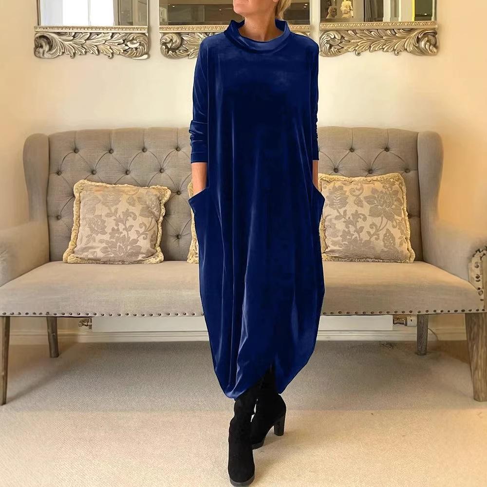 Spring 2026 European & American Slimming Gold Velvet Round Neck Dress