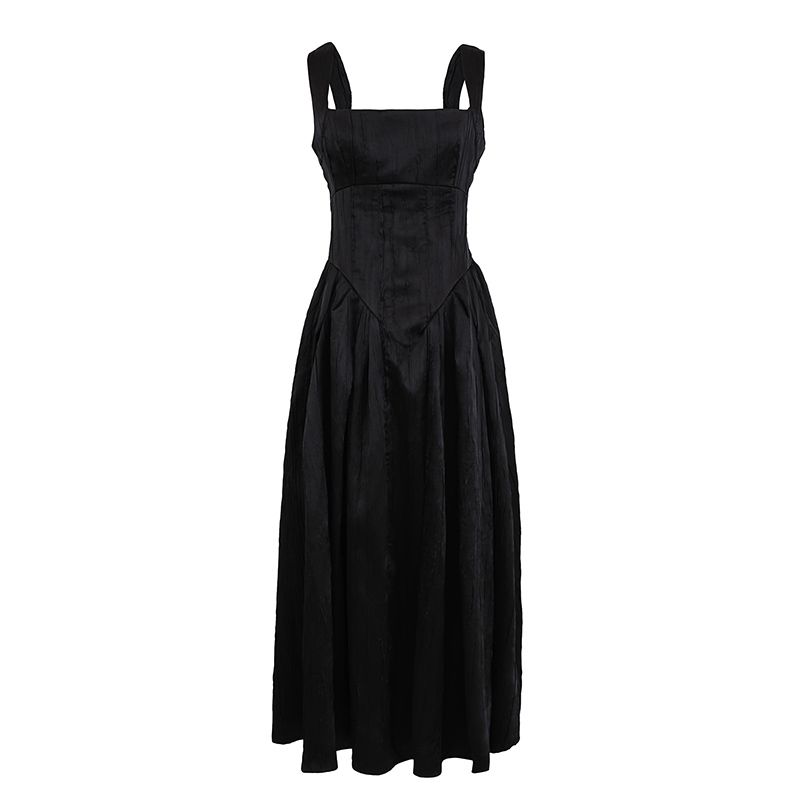 

Fumei Mingling House Same Style French style High-Grade Glossy Texture Waist Hugging Slimming Mid-Length Sling Dress Black L