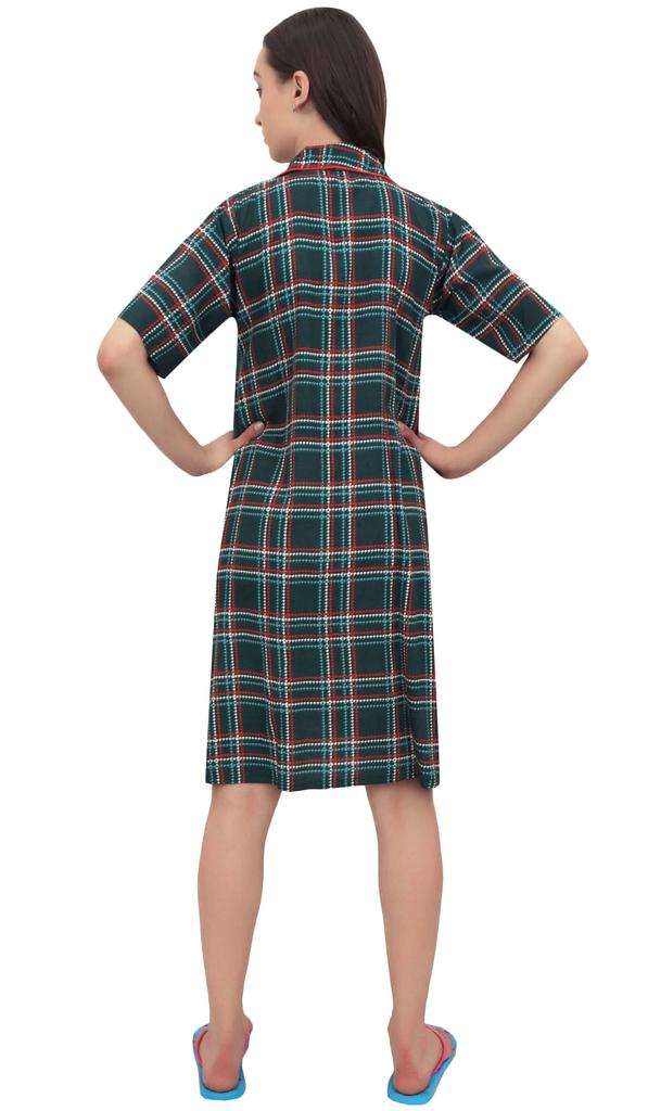 Bimba Check Print Green Women Sleepshirt Sleepwear Button - Front Nightshirt -