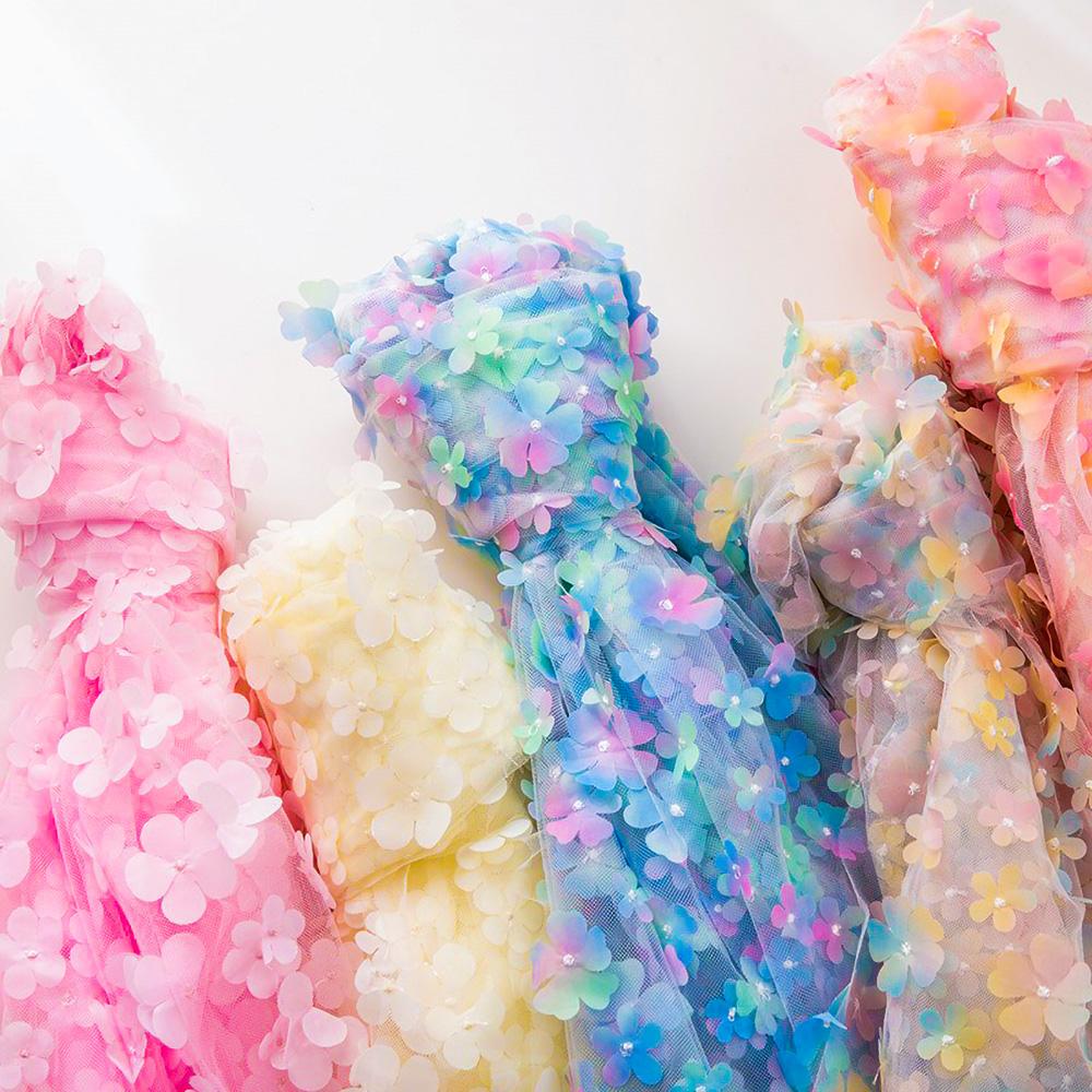 1Yard Rainbow Color 3D Bead Applique Gradient Flowers Mesh Lace Fabric For Girls Summer Clothing Princess Dress Sewing Materials