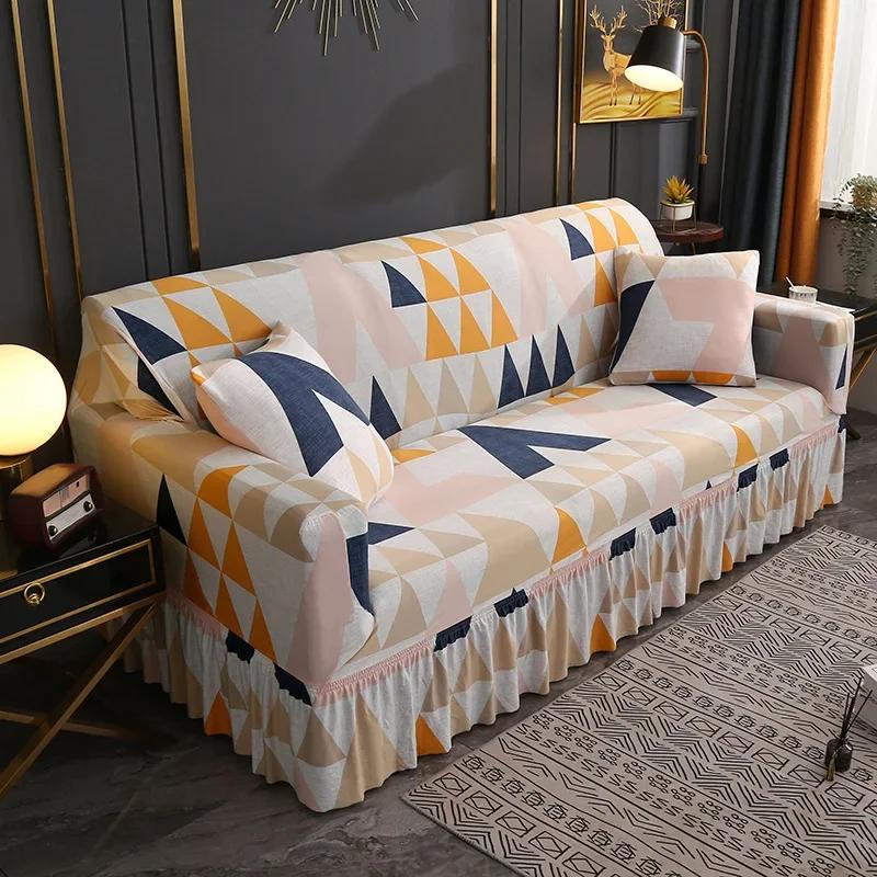 Capa de sofá elástica simples estilo saia inclusiva antiderrapante decoração de sala de estar capas de assento
