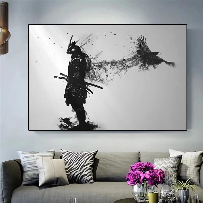 Japanese Black Samurai Man with Crow Posters and Print Black and White Wall Art Canvas Painting for Living Room Cuadros Decor