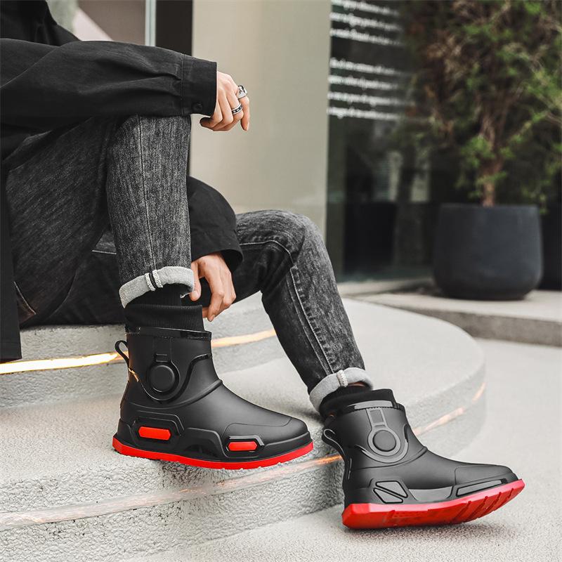 Rain Shoes Men's New Non-slip Waterproof Fashion Short Water Shoes Fleece Thermal Rubber Shoes Bundle Mouth Rain Boots Drawstring Water Boots