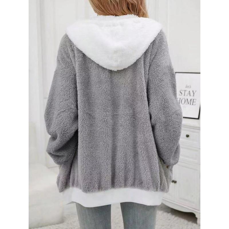 Women S Loose Plush Zip Up Hooded Coat For Autumn Winter