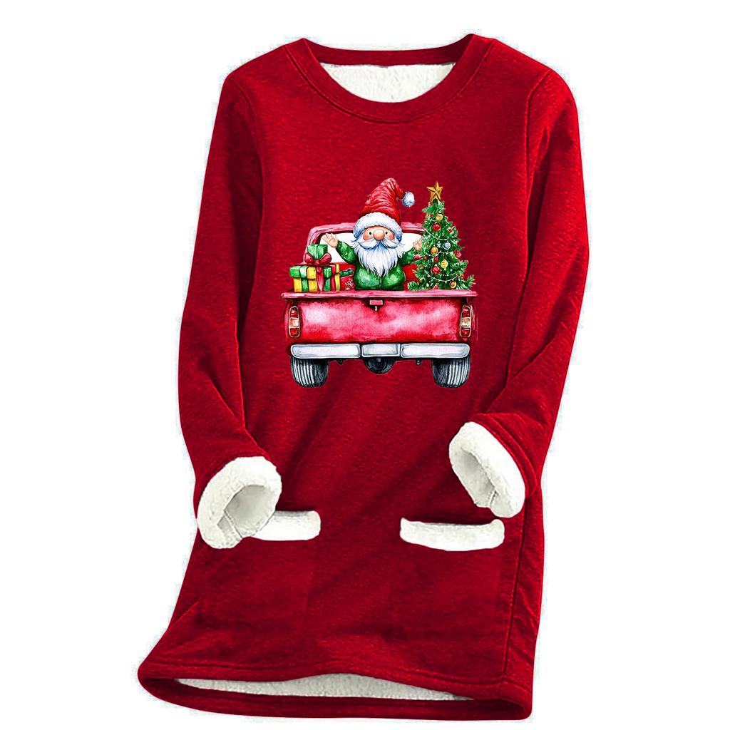 Ladies' Loose And Comfortable Round Neck Christmas Print Thick With Pockets Long Sleeved Top