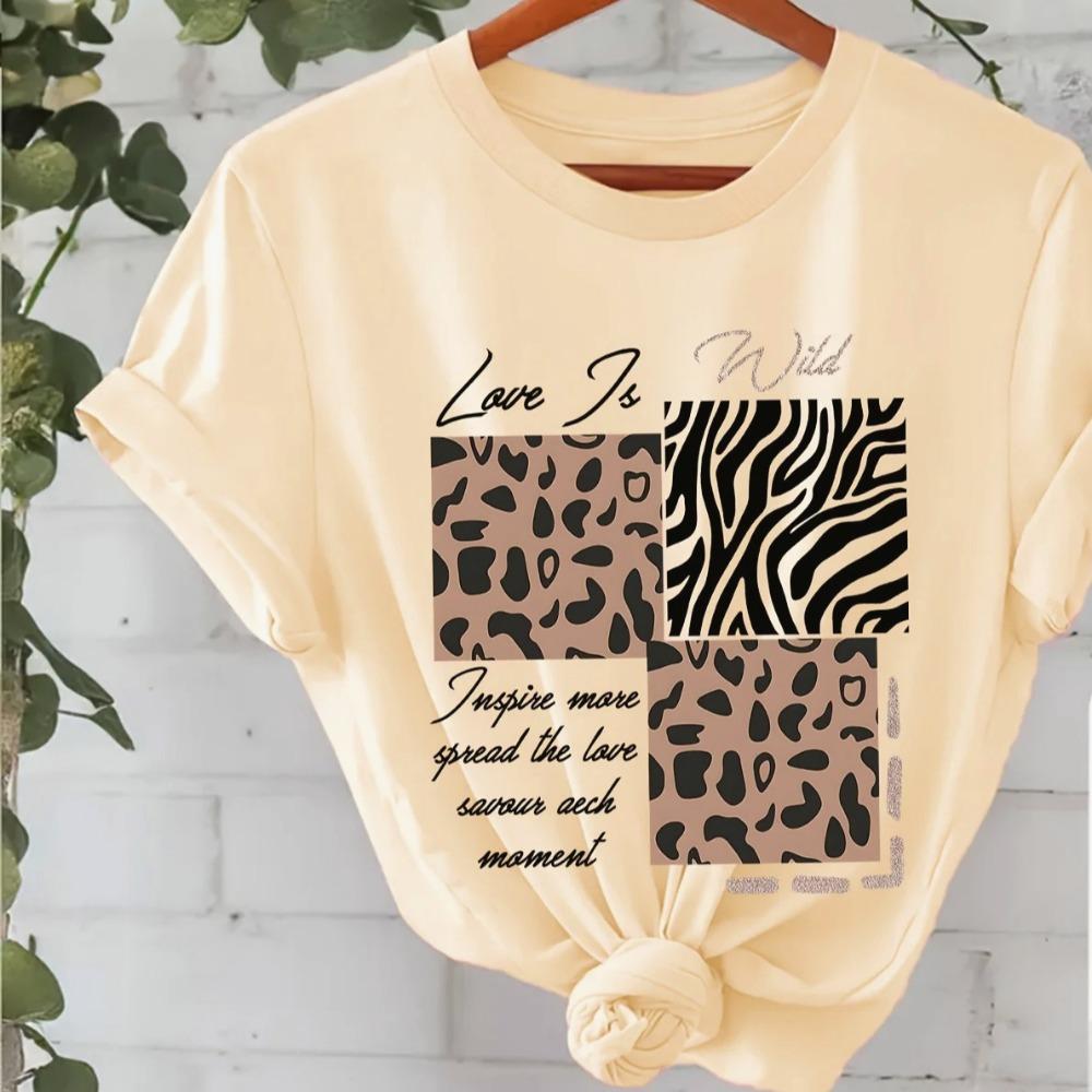 

Letter Leopard Pattern Print Casual Summer Women s Versatile Short Sleeve T-Shirt Women Clothing Vintage Clothes Y2k Top S
