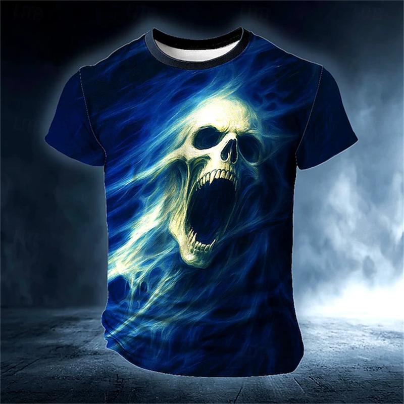 3D Flaming Skeleton Printed T-Shirt Halloween Men's Oversized Casual Short Sleeve T-Shirt 2025 New Daily Home Party Costume Tops