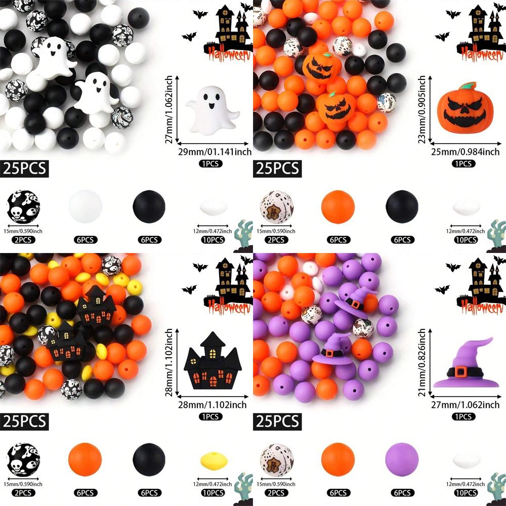 25PCS Multi-Size Halloween-Themed Silicone Beads Set, Perfect for DIY Craft Projects Like Keychains, Necklaces, Bracelets & More