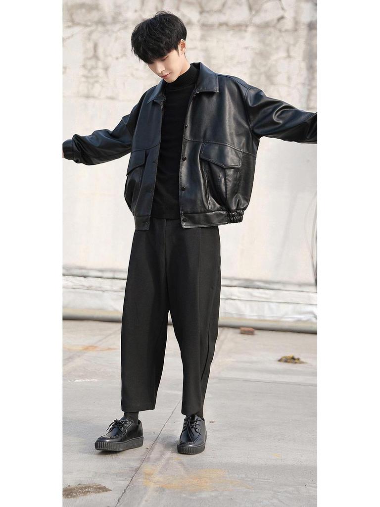 Trendig lös skinnmotorcykeljacka i koreansk stil för män - Pilotjacka för vår/höst, ny studentmodetrend.