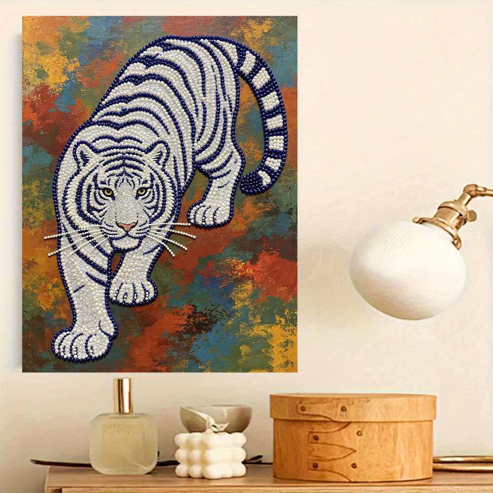 Shiny Pearl Majestic White Tiger DIY Painting Creative Bead Art Craft Household Wall Decoration Nice Present For Art Hobbyists Home Decor