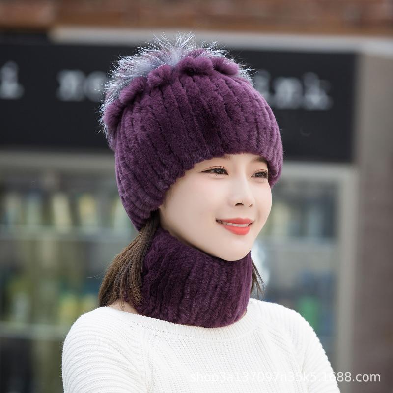New Rex Rabbit Hair Knitted Hat Women's Autumn and Winter Thickened Ear Protection Warm Elastic Knitted Fur Hat Scarf