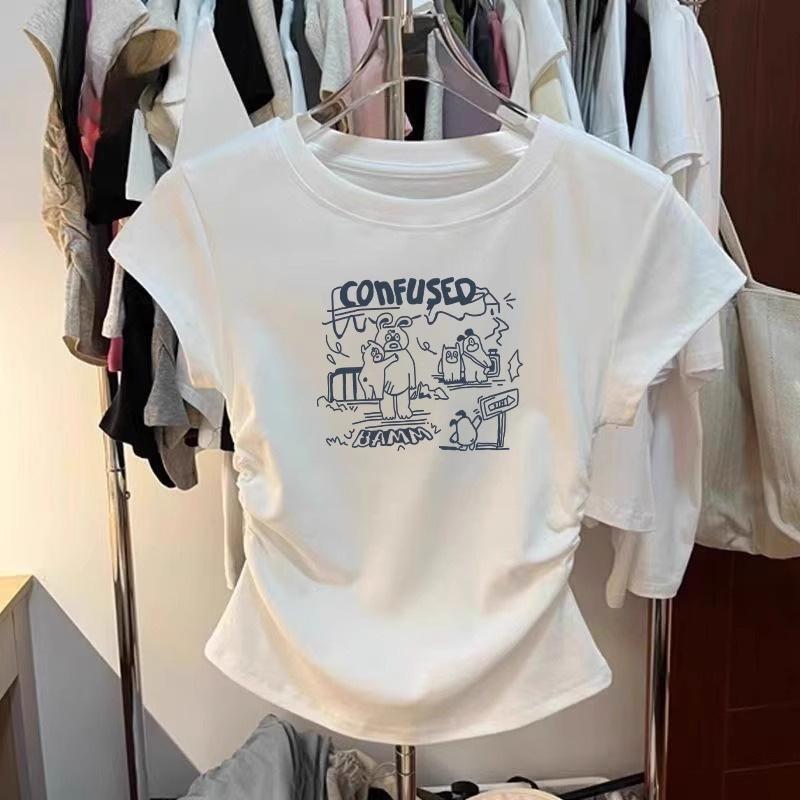 Cartoon print pleated waist gray round neck front shoulder short-sleeved t-shirt women s summer new small short top S