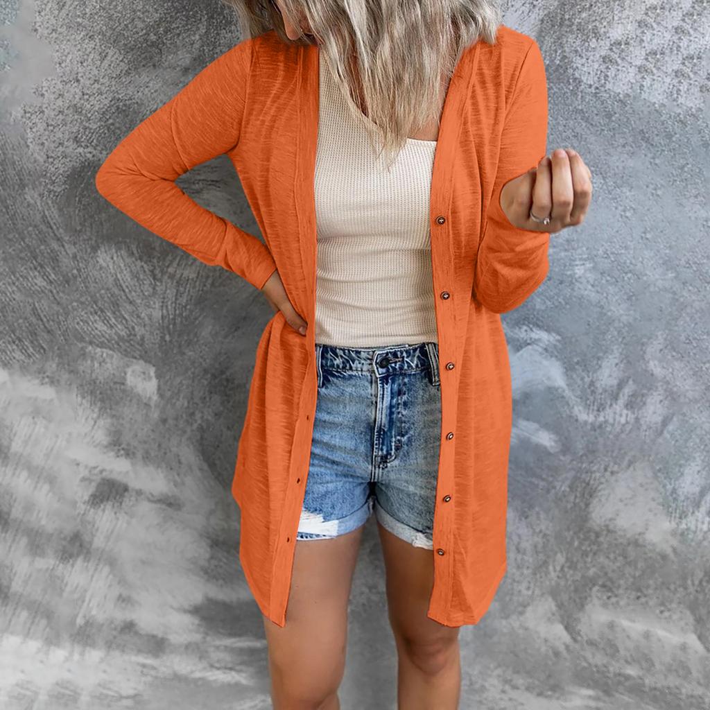 Women Long Sleeve Button Front Cardigan Mid Length Open Front Knit Sweater Lightweight Casual Outerwear